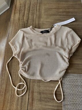 AKIRA Beige Knit Ruched Side-Tie Crop Top